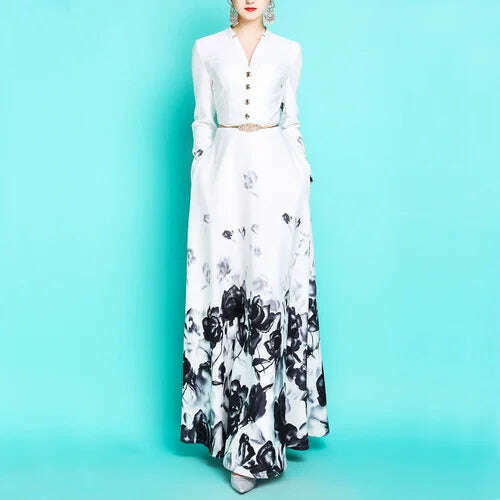 KIMLUD, 2020 New Spring and Autumn Women V Neck Retro Printed Super Long Dress Ladies Elegant Slim Hepburn Style Maxi Long Dresses, Long sleeve no belt / S, KIMLUD Womens Clothes