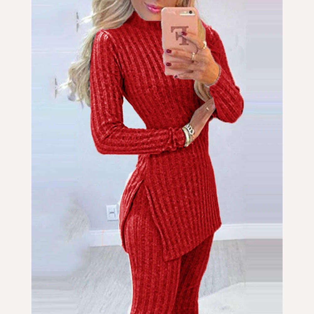 KIMLUD, 2021 Fall Winter Knitted 2 Piece Suits Women Long Sleeve Ribbed Slit Long Top and High Waist Pencil Pants Set Fashion Outfit, KIMLUD Womens Clothes