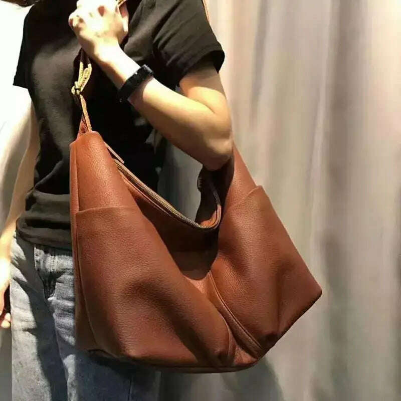 2021 First Layer Cowhide Crossbody Bag Female New Korean Version Large Bag Large Capacity Leisure Shoulder Bag - KIMLUD