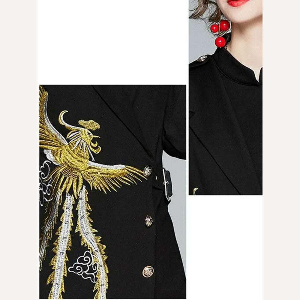 2022 Autumn Winter Women Long Sleeve Stand Collar Epaulettes Embroidered Phoenix Single-Breasted Lace Up Black Asymmetry Dress - KIMLUD