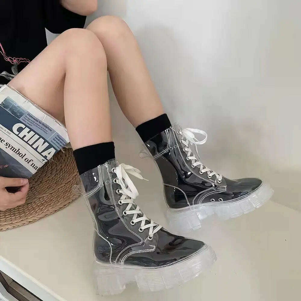 KIMLUD, 2022 Cool Fashion Women Transparent Platform Boots Waterproof Ankle Boots Feminine Clear Heel Short Boots Sexy Female Rain Shoes, Black / 35, KIMLUD Womens Clothes