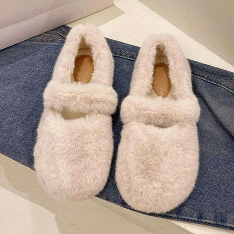 KIMLUD, 2022 Fairy Fur Belt Mary Jane Shoes Woman Winter Cotton Ballets Rabbit Hair Loafers Femme Warm Fluffy Fur Flats Ladies Mocasines, KIMLUD Womens Clothes