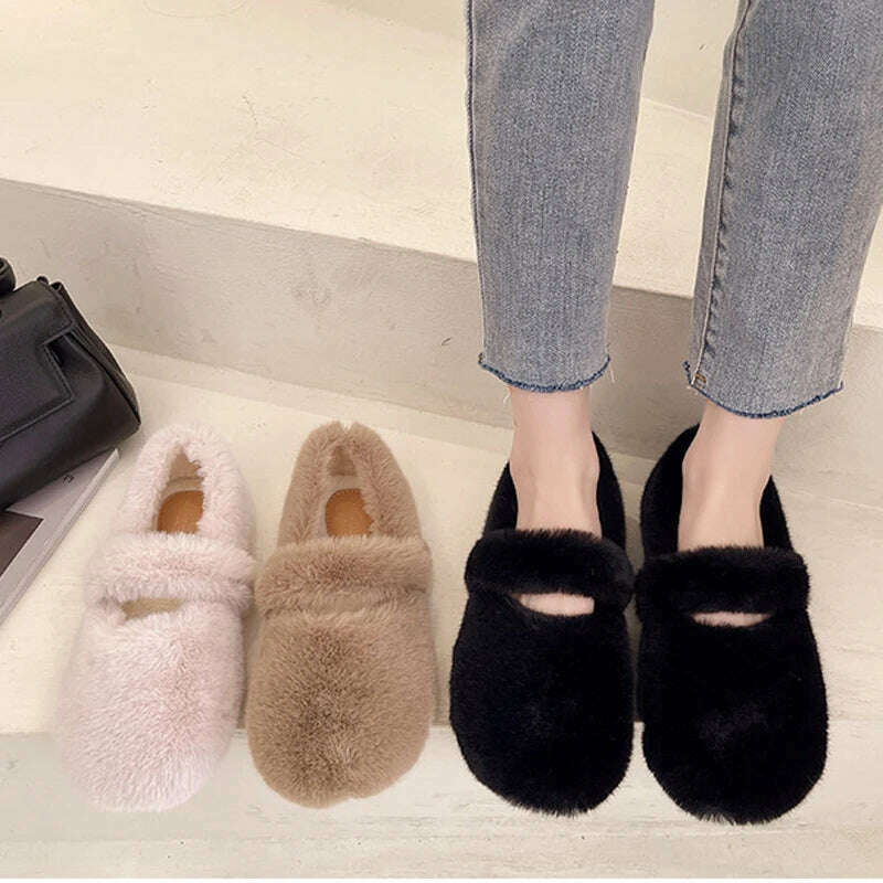 KIMLUD, 2022 Fairy Fur Belt Mary Jane Shoes Woman Winter Cotton Ballets Rabbit Hair Loafers Femme Warm Fluffy Fur Flats Ladies Mocasines, KIMLUD Womens Clothes