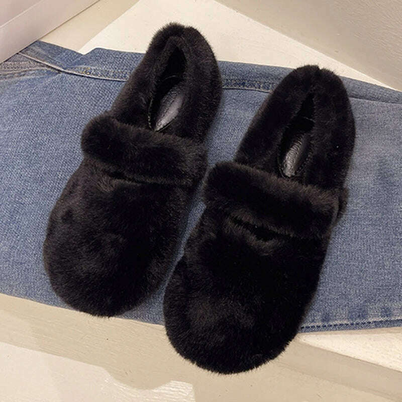 KIMLUD, 2022 Fairy Fur Belt Mary Jane Shoes Woman Winter Cotton Ballets Rabbit Hair Loafers Femme Warm Fluffy Fur Flats Ladies Mocasines, Black / 8.5, KIMLUD APPAREL - Womens Clothes