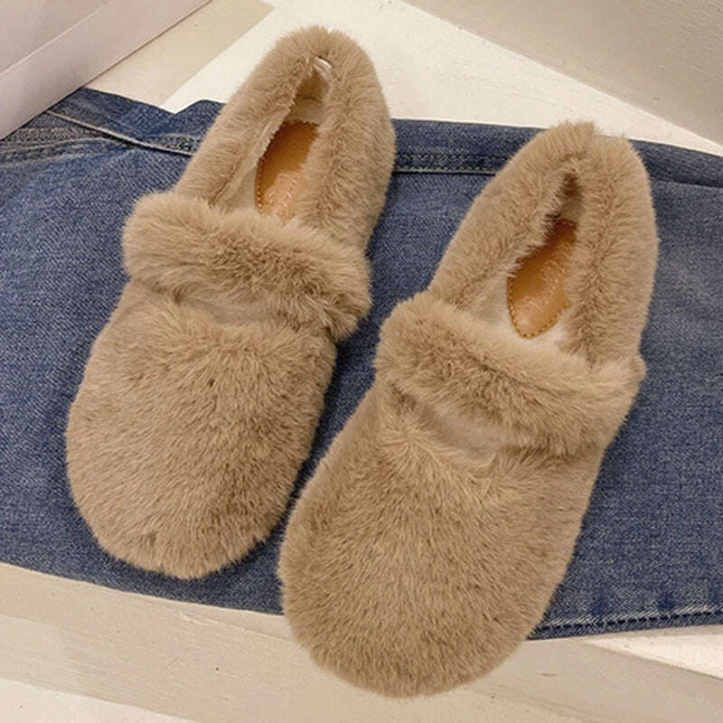 KIMLUD, 2022 Fairy Fur Belt Mary Jane Shoes Woman Winter Cotton Ballets Rabbit Hair Loafers Femme Warm Fluffy Fur Flats Ladies Mocasines, Khaki / 9, KIMLUD APPAREL - Womens Clothes