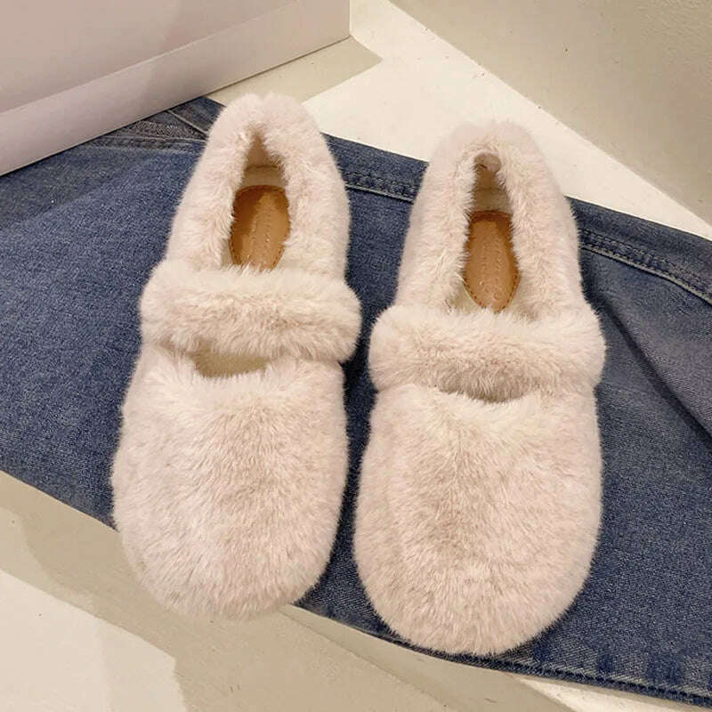 KIMLUD, 2022 Fairy Fur Belt Mary Jane Shoes Woman Winter Cotton Ballets Rabbit Hair Loafers Femme Warm Fluffy Fur Flats Ladies Mocasines, KIMLUD Womens Clothes