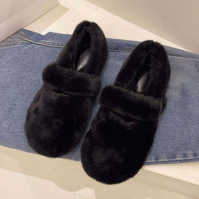 KIMLUD, 2022 Fairy Fur Belt Mary Jane Shoes Woman Winter Cotton Ballets Rabbit Hair Loafers Femme Warm Fluffy Fur Flats Ladies Mocasines, KIMLUD Womens Clothes