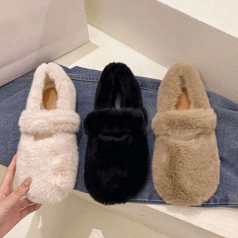 KIMLUD, 2022 Fairy Fur Belt Mary Jane Shoes Woman Winter Cotton Ballets Rabbit Hair Loafers Femme Warm Fluffy Fur Flats Ladies Mocasines, KIMLUD Womens Clothes