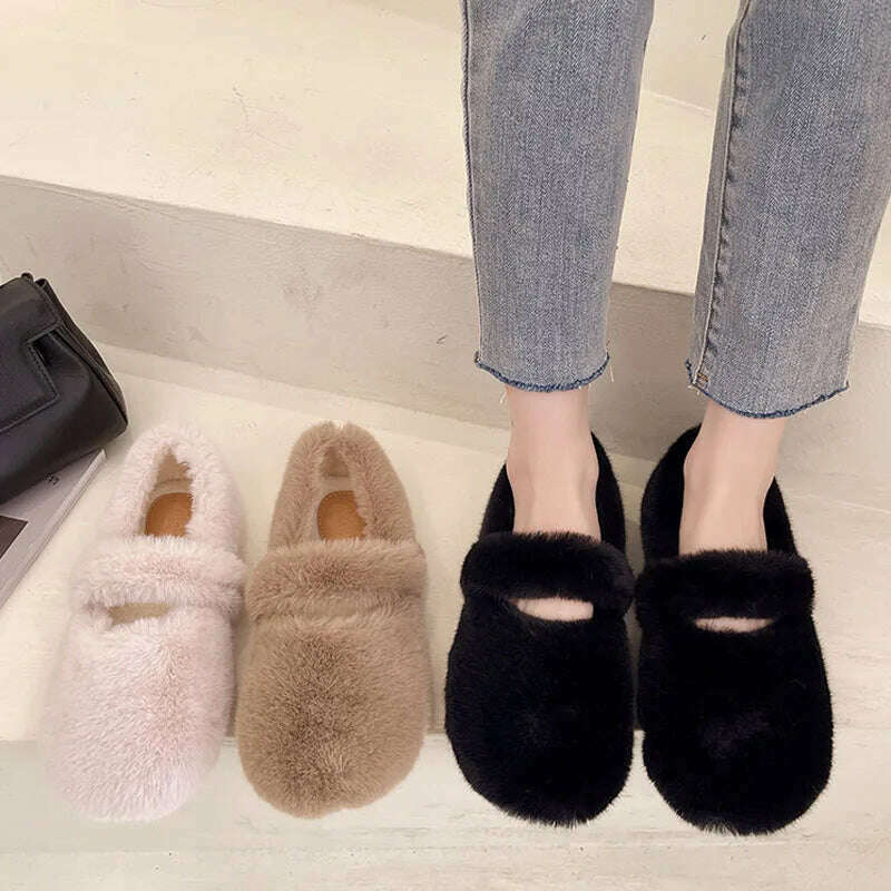 KIMLUD, 2022 Fairy Fur Belt Mary Jane Shoes Woman Winter Cotton Ballets Rabbit Hair Loafers Femme Warm Fluffy Fur Flats Ladies Mocasines, KIMLUD Womens Clothes