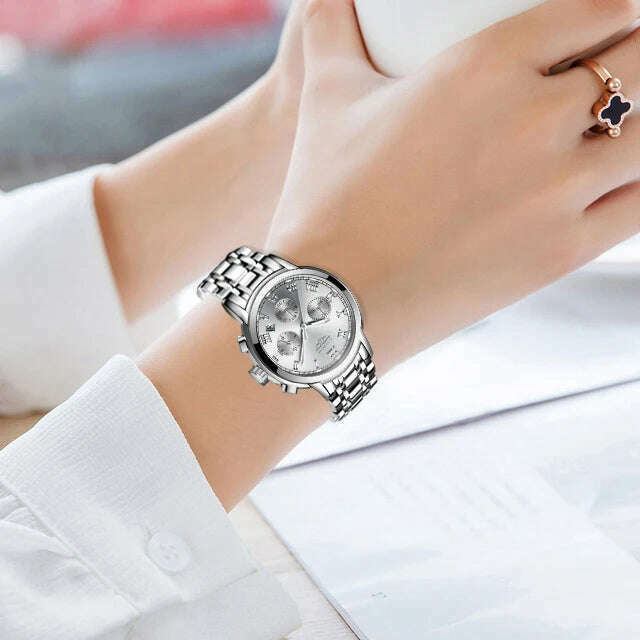 2022 LIGE Ladies Watches Top Brand Luxury Fashion Stainless Steel Watch Women Chronograph Quartz Clock Waterproof Wristwatch+Box - KIMLUD