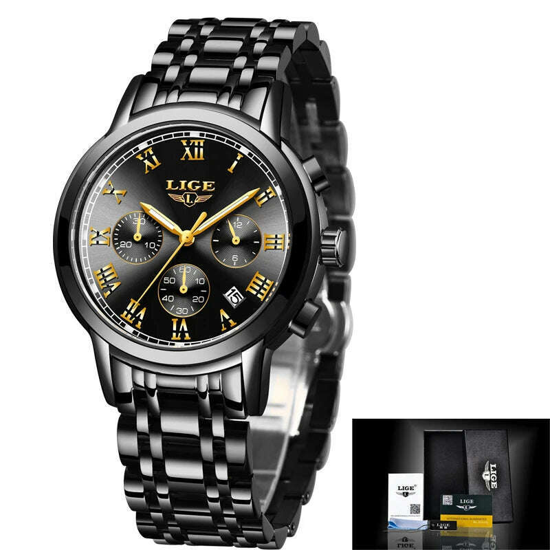 2022 LIGE Ladies Watches Top Brand Luxury Fashion Stainless Steel Watch Women Chronograph Quartz Clock Waterproof Wristwatch+Box - KIMLUD