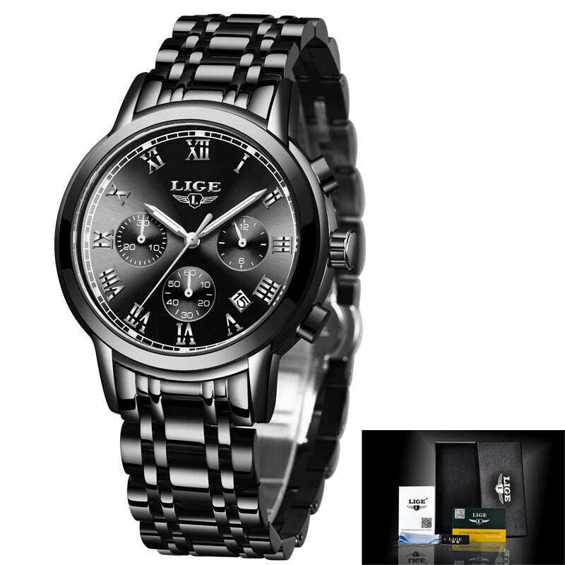 2022 LIGE Ladies Watches Top Brand Luxury Fashion Stainless Steel Watch Women Chronograph Quartz Clock Waterproof Wristwatch+Box - KIMLUD