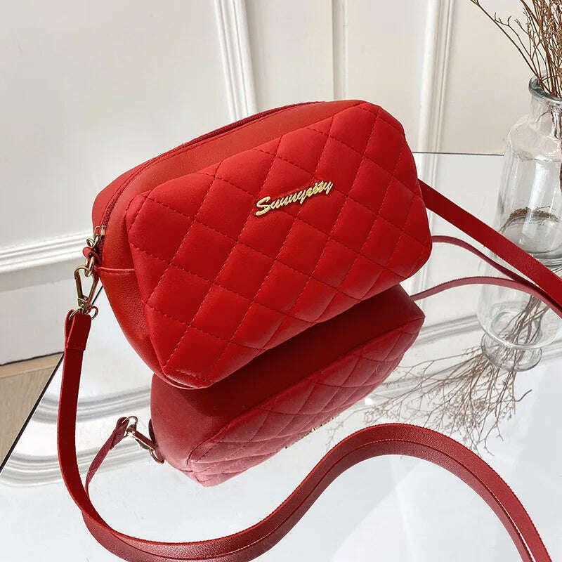 KIMLUD, 2022 New Fashion Female Shoulder Bag Rhombus Embroidered Solid Color Chain Women Shoulder Crossbody Casual Trendy Phone Bag, English red, KIMLUD APPAREL - Womens Clothes