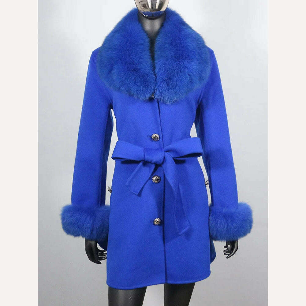 KIMLUD, 2022 New Real Fur Coat Winter Jacket Women Natural Fox Fur Collar Cuffs Belt Cashmere Wool Woolen Ladies Outerwear Streetwear, KIMLUD Womens Clothes