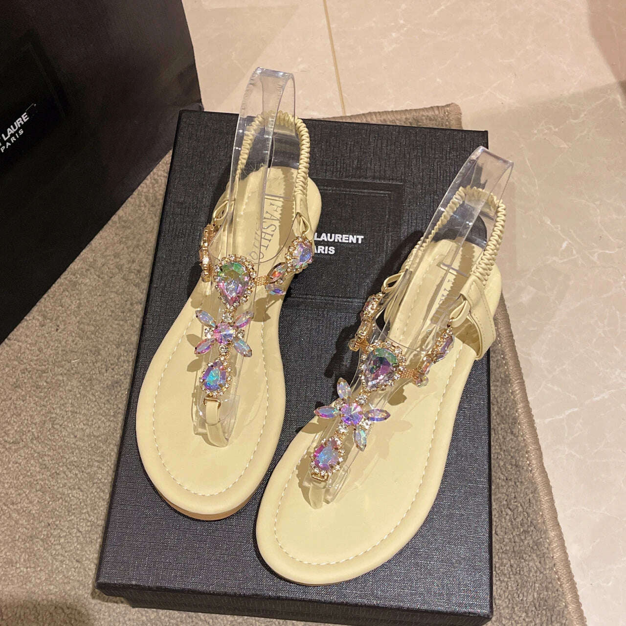 KIMLUD, 2022 New Summer Flats Sandals Women Crystal Clip Toe Slippers Trend Luxury Brand Ladies Shoes Beach Causal Slides Mujer Zapatos, Apricot / 36, KIMLUD Womens Clothes