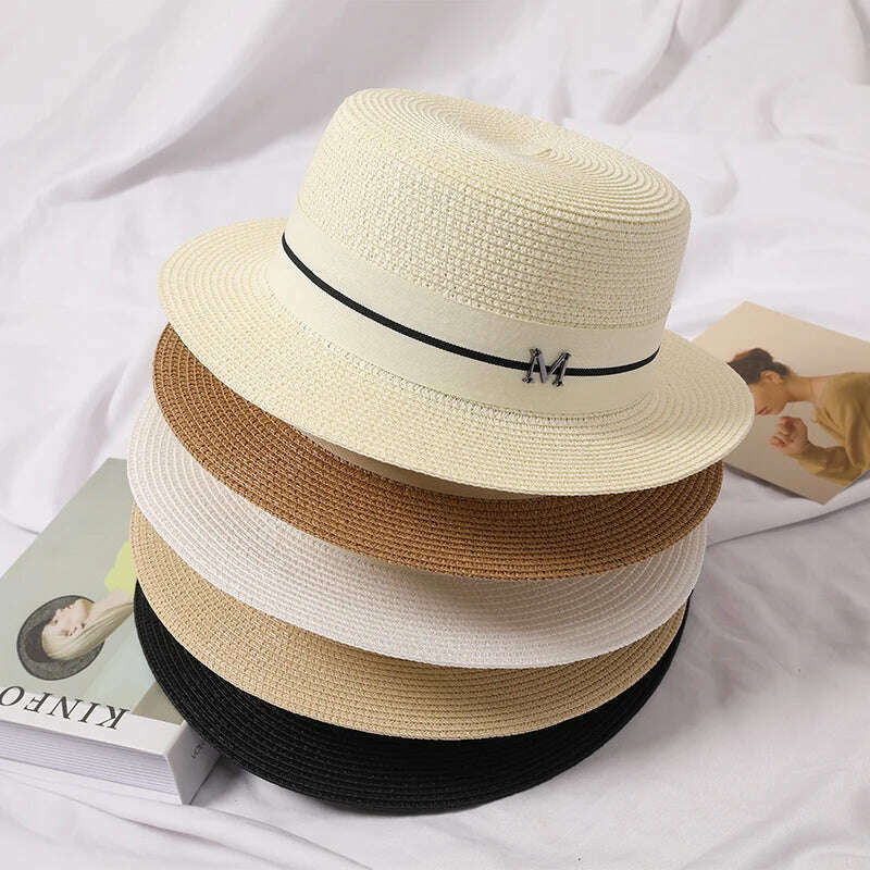 KIMLUD, 2022 New Summer Women's Boater Beach Hat Wide brim Female   Panama Hat Lady Classic Flat Bowknot Straw Sun Hat Women Fedora Hats, KIMLUD Womens Clothes