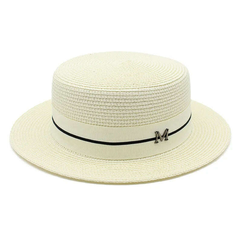 KIMLUD, 2022 New Summer Women's Boater Beach Hat Wide brim Female   Panama Hat Lady Classic Flat Bowknot Straw Sun Hat Women Fedora Hats, Milky white, KIMLUD Womens Clothes