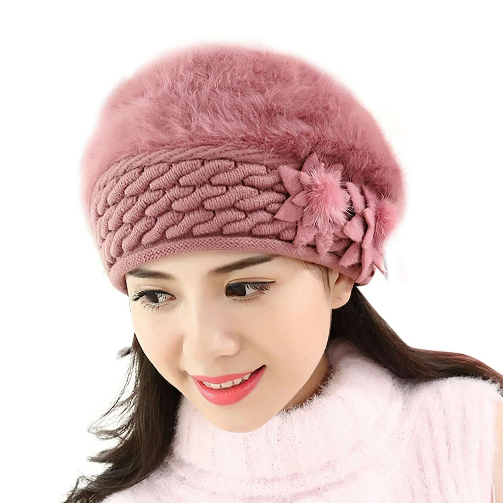 KIMLUD, 2022 New Women Cotton Cap Slouch Baggy Winter Warm Soft Knit Crochet Female Hat Elegant Ladies Fashion Flower Hats Dropshipping, Purple / China, KIMLUD Womens Clothes