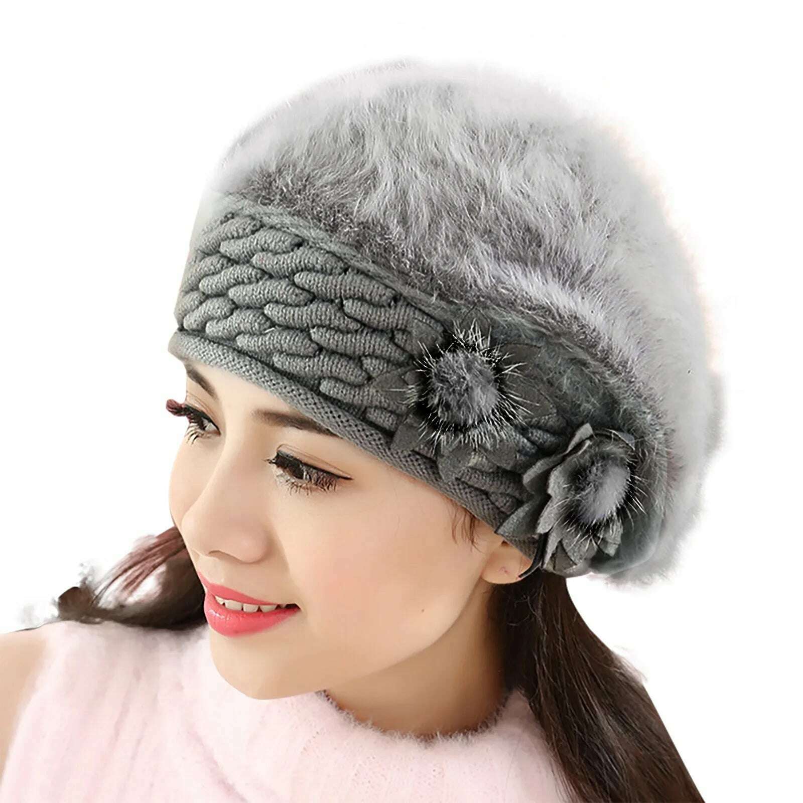 KIMLUD, 2022 New Women Cotton Cap Slouch Baggy Winter Warm Soft Knit Crochet Female Hat Elegant Ladies Fashion Flower Hats Dropshipping, Gray / China, KIMLUD Womens Clothes