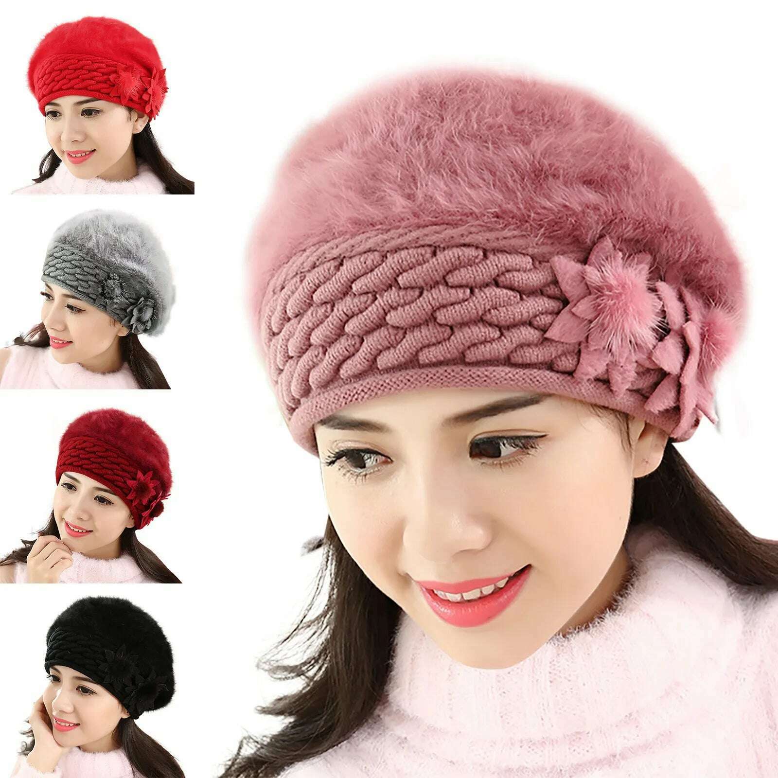 KIMLUD, 2022 New Women Cotton Cap Slouch Baggy Winter Warm Soft Knit Crochet Female Hat Elegant Ladies Fashion Flower Hats Dropshipping, KIMLUD Womens Clothes