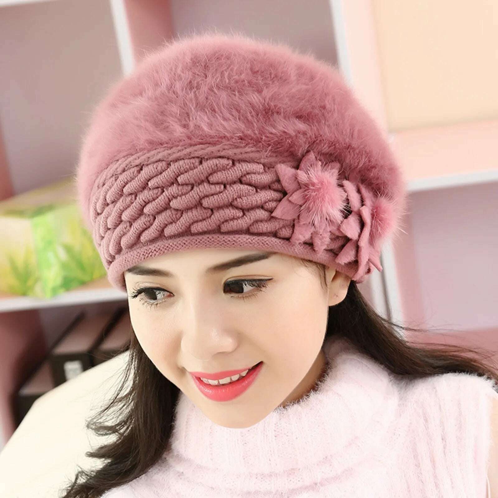 KIMLUD, 2022 New Women Cotton Cap Slouch Baggy Winter Warm Soft Knit Crochet Female Hat Elegant Ladies Fashion Flower Hats Dropshipping, KIMLUD Womens Clothes