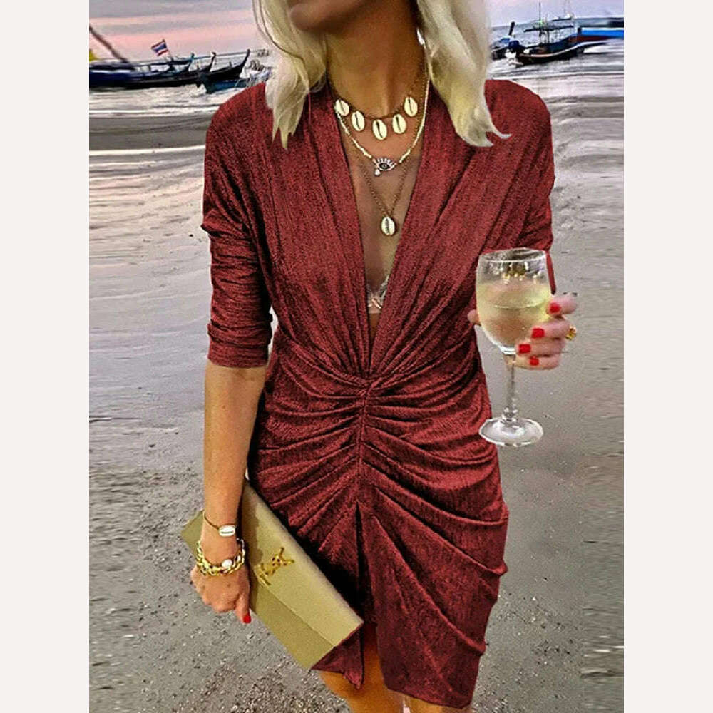 KIMLUD, 2022 Sexy Deep V Neck Draped Silk Party Dress Women New Elegant Slim Slit Mini Dress Spring Autumn Casual Solid Bodycon Dresses, 02 Wine Red / S, KIMLUD Womens Clothes