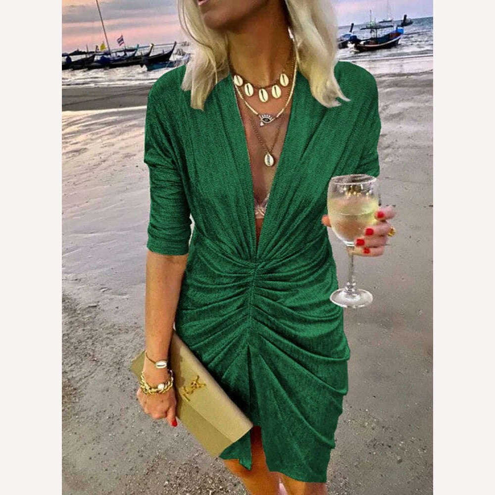 KIMLUD, 2022 Sexy Deep V Neck Draped Silk Party Dress Women New Elegant Slim Slit Mini Dress Spring Autumn Casual Solid Bodycon Dresses, 03 Green / S, KIMLUD Womens Clothes