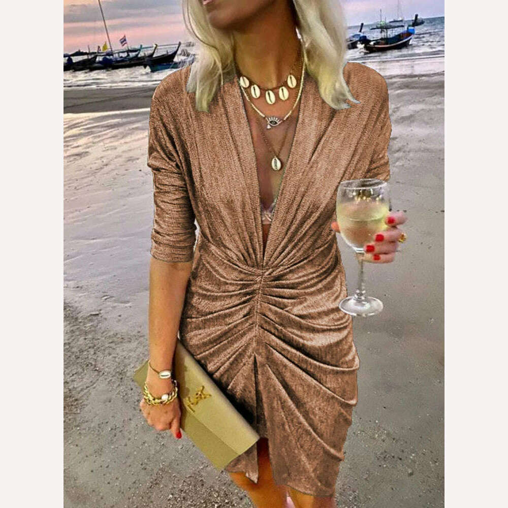 KIMLUD, 2022 Sexy Deep V Neck Draped Silk Party Dress Women New Elegant Slim Slit Mini Dress Spring Autumn Casual Solid Bodycon Dresses, 04 Rose Gold / S, KIMLUD Womens Clothes