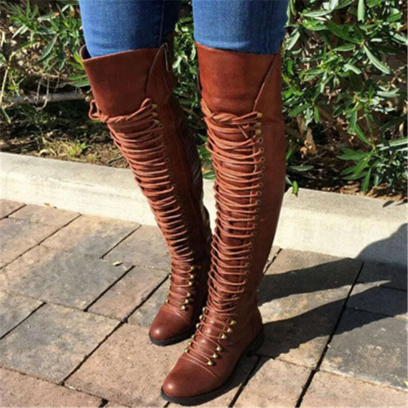 2022 Sexy Over The Knee Boots Women Fashion Cross Lace-Up Shoes Winter Warm Knight Thigh Tall Boots Ladies Over The Knee Botas - KIMLUD