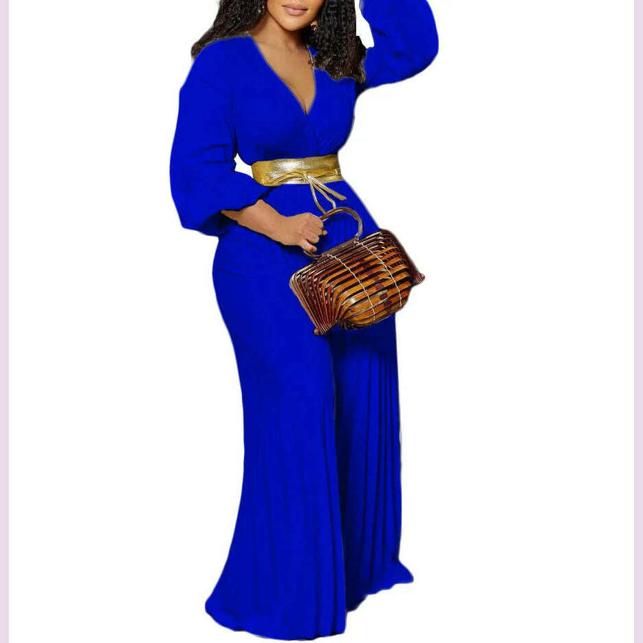 KIMLUD, 2022 Summer Fashion African Women Long Sleeve V-neck Polyester Yellow Blue Rose Red Long Jumpsuit African Jumpsuit S-3XL, KIMLUD Womens Clothes