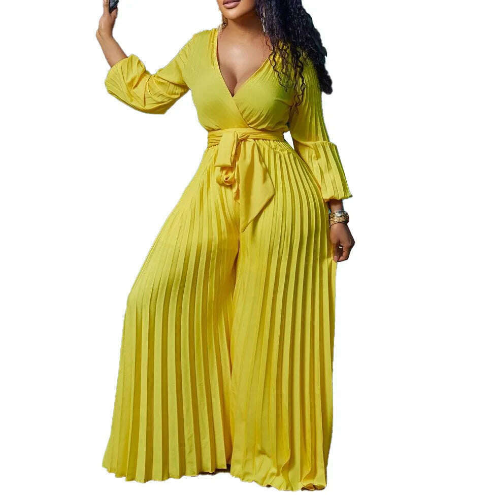 KIMLUD, 2022 Summer Fashion African Women Long Sleeve V-neck Polyester Yellow Blue Rose Red Long Jumpsuit African Jumpsuit S-3XL, KIMLUD Womens Clothes