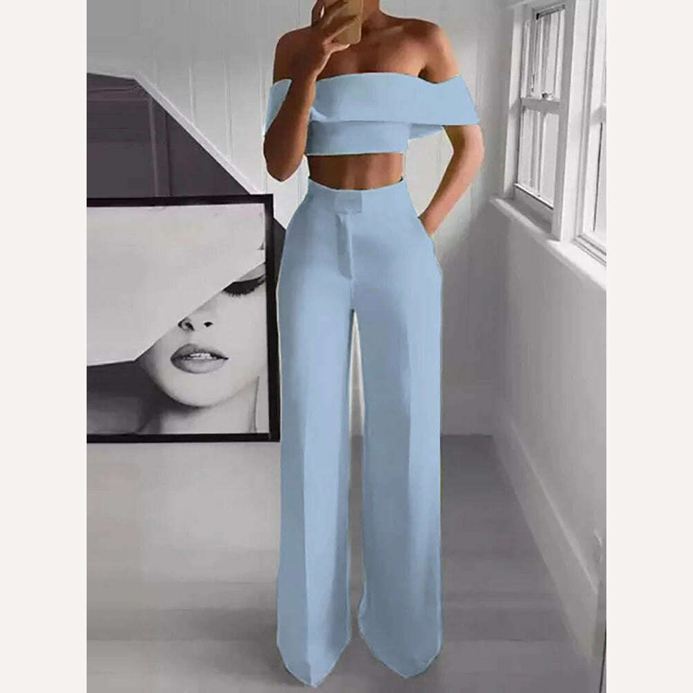 KIMLUD, 2022 Summer Solid Casual Two Piece Set Women Sexy Short Top Wide Leg Pants Outfits Femme Streetwear Slash Neck Shirt Pant Suit, Light Blue / S, KIMLUD Womens Clothes