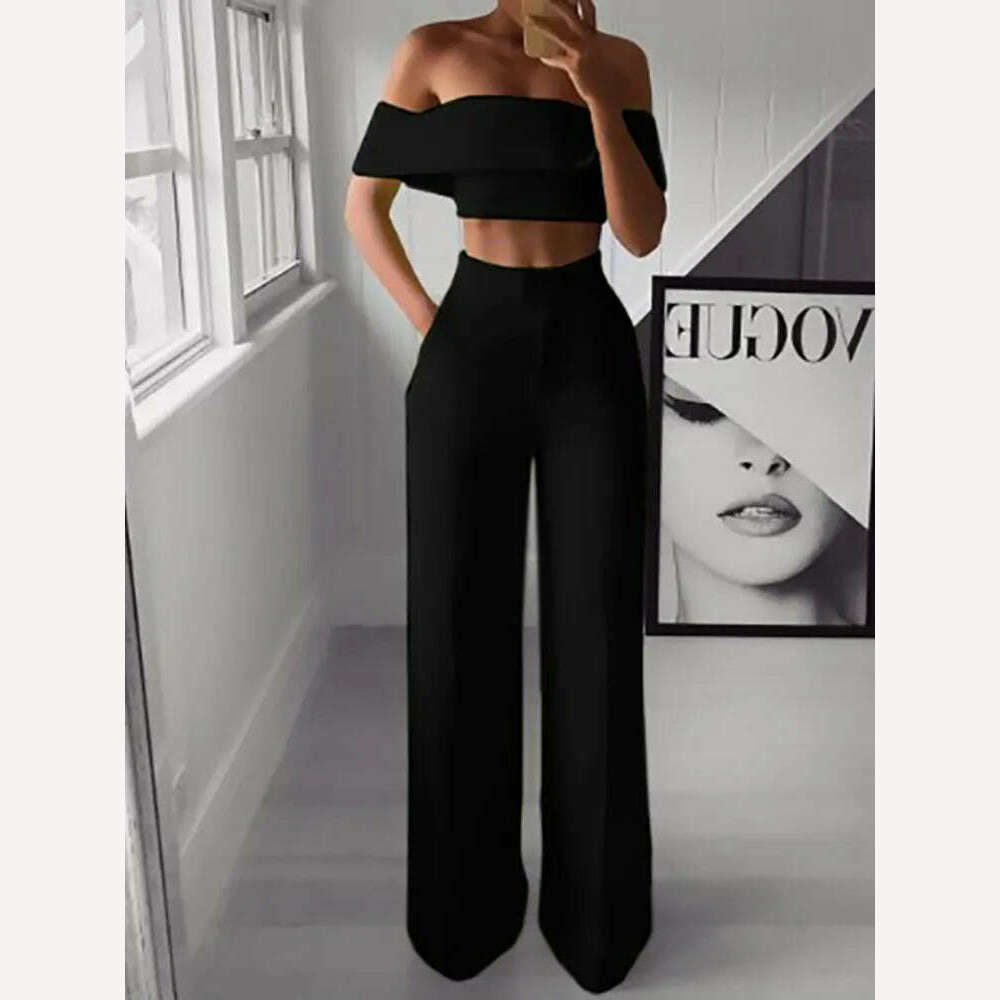 2022 Summer Solid Casual Two Piece Set Women Sexy Short Top Wide Leg Pants Outfits Femme Streetwear Slash Neck Shirt Pant Suit - KIMLUD