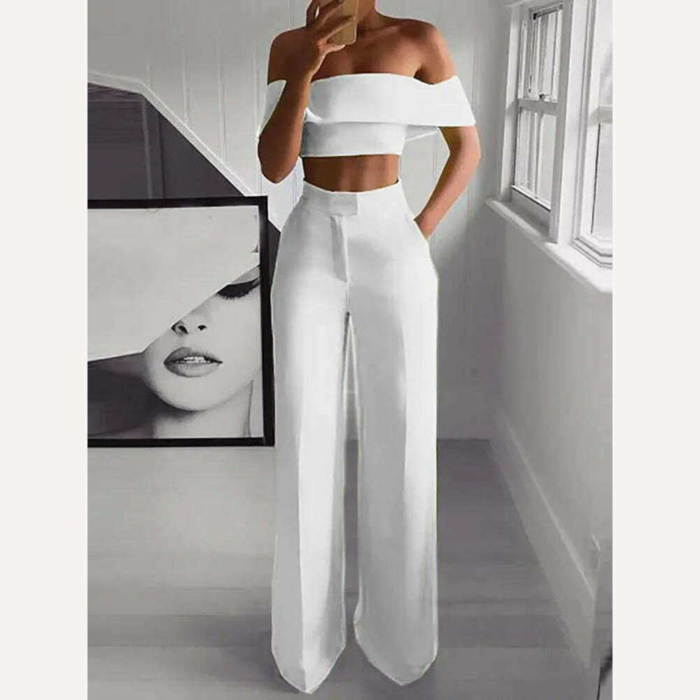 2022 Summer Solid Casual Two Piece Set Women Sexy Short Top Wide Leg Pants Outfits Femme Streetwear Slash Neck Shirt Pant Suit - KIMLUD