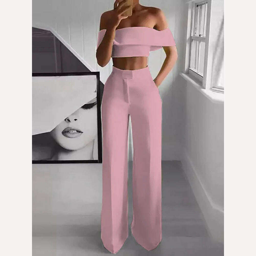 KIMLUD, 2022 Summer Solid Casual Two Piece Set Women Sexy Short Top Wide Leg Pants Outfits Femme Streetwear Slash Neck Shirt Pant Suit, KIMLUD Womens Clothes