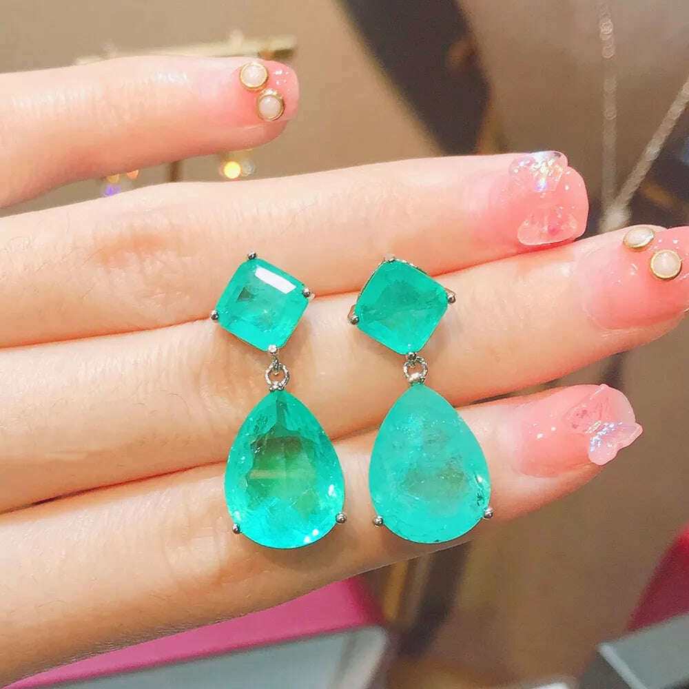 2022 Trend Jewelry Silver Color Emerald Wedding Earrings for Women Simulation Paraiba Tourmaline Drop Earring Party Jewelry Gift - KIMLUD
