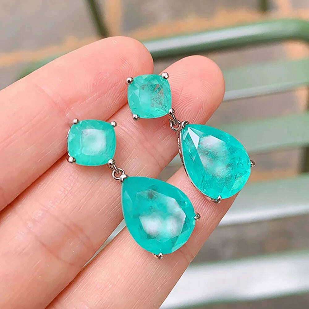 2022 Trend Jewelry Silver Color Emerald Wedding Earrings for Women Simulation Paraiba Tourmaline Drop Earring Party Jewelry Gift - KIMLUD