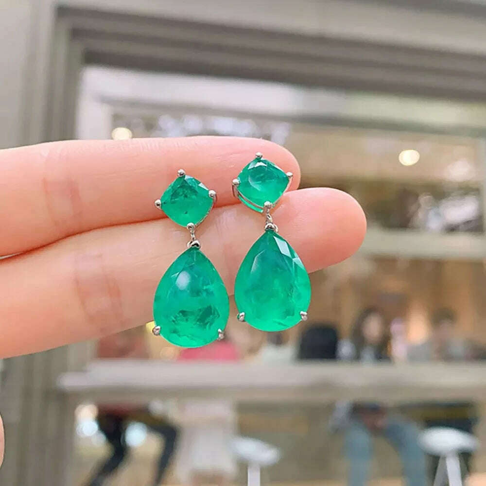 2022 Trend Jewelry Silver Color Emerald Wedding Earrings for Women Simulation Paraiba Tourmaline Drop Earring Party Jewelry Gift - KIMLUD