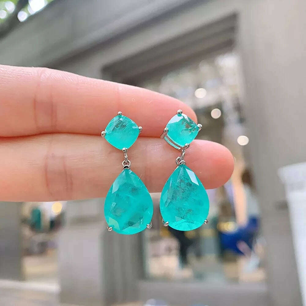 2022 Trend Jewelry Silver Color Emerald Wedding Earrings for Women Simulation Paraiba Tourmaline Drop Earring Party Jewelry Gift - KIMLUD