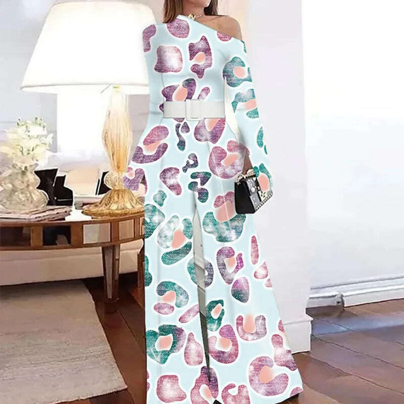 2022 Wide Leg Pants Printed Two Piece Set New Summer Slan shoulder Sexy Party Sequins Suits Commuter High Waist Office Lady Suit - KIMLUD