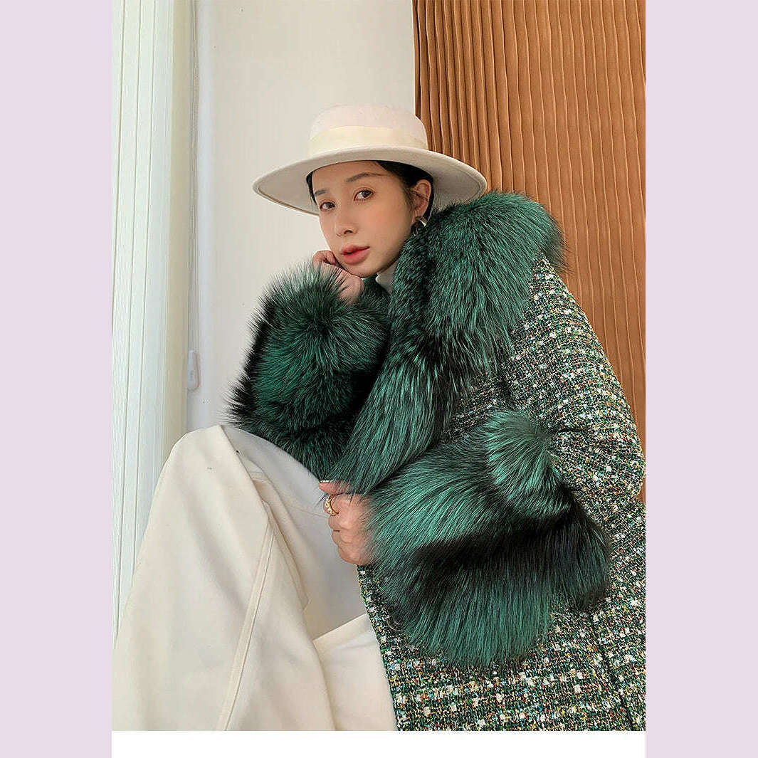 KIMLUD, 2022 Winter New Long Fur Coat Women's Fox Fur Large Fur Collar Tweed Coat, KIMLUD Womens Clothes