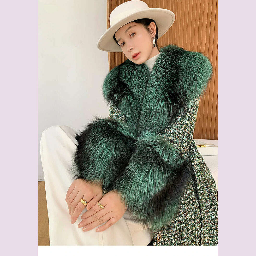 KIMLUD, 2022 Winter New Long Fur Coat Women's Fox Fur Large Fur Collar Tweed Coat, green / XL / CN, KIMLUD APPAREL - Womens Clothes