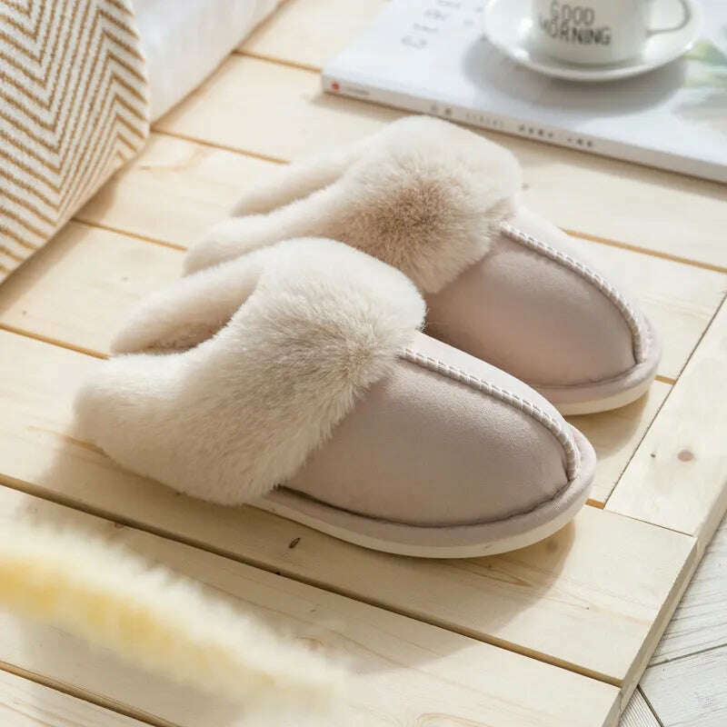 2022 Winter Warm Home Fur Slippers Women Luxury Faux Suede Plush Couple Cotton Shoes Indoor Bedroom Flat Heels Fluffy Slippers - KIMLUD