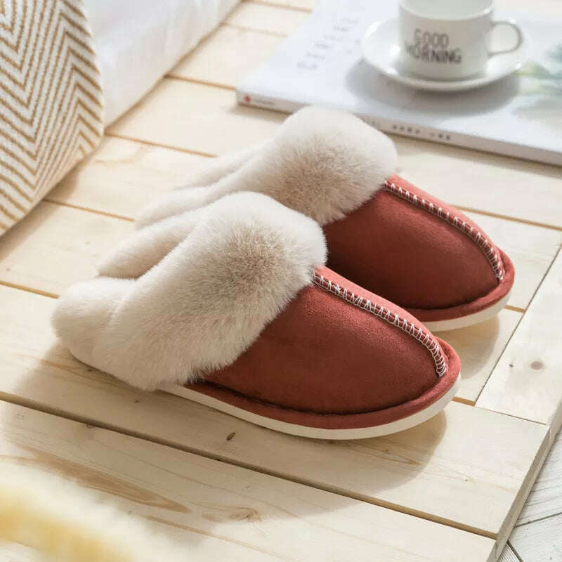 2022 Winter Warm Home Fur Slippers Women Luxury Faux Suede Plush Couple Cotton Shoes Indoor Bedroom Flat Heels Fluffy Slippers - KIMLUD