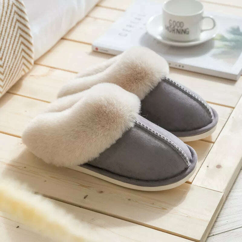 2022 Winter Warm Home Fur Slippers Women Luxury Faux Suede Plush Couple Cotton Shoes Indoor Bedroom Flat Heels Fluffy Slippers - KIMLUD