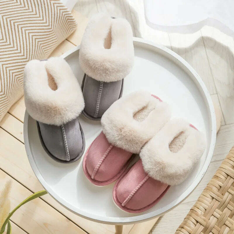 2022 Winter Warm Home Fur Slippers Women Luxury Faux Suede Plush Couple Cotton Shoes Indoor Bedroom Flat Heels Fluffy Slippers - KIMLUD