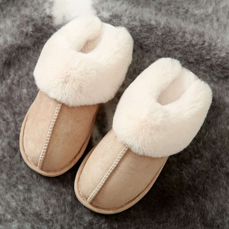 KIMLUD, 2022 Winter Warm Home Fur Slippers Women Luxury Faux Suede Plush Couple Cotton Shoes Indoor Bedroom Flat Heels Fluffy Slippers, KIMLUD Womens Clothes