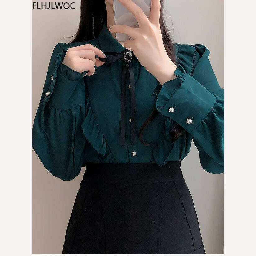 2022 Woman Cute Sweet Girls Thin Semi Transparent Ribbon Bow Tie Retro Vintalge Top Blusas Purple Green White Button Shirts - KIMLUD