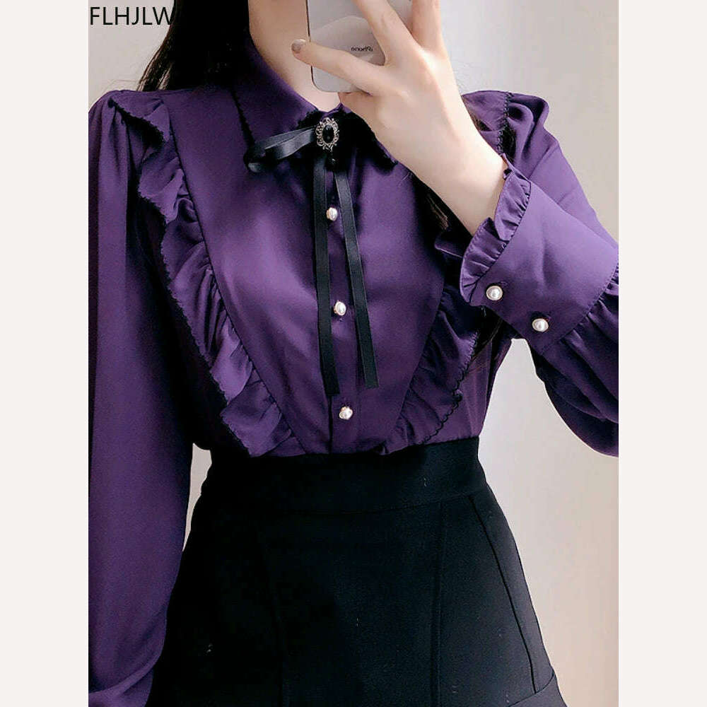 2022 Woman Cute Sweet Girls Thin Semi Transparent Ribbon Bow Tie Retro Vintalge Top Blusas Purple Green White Button Shirts - KIMLUD