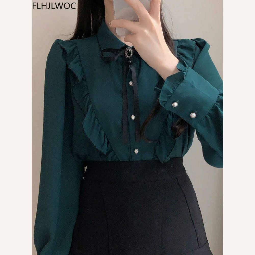 KIMLUD, 2022 Woman Cute Sweet Girls Thin Semi Transparent Ribbon Bow Tie Retro Vintalge Top Blusas Purple Green White Button Shirts, Green / XL, KIMLUD Womens Clothes